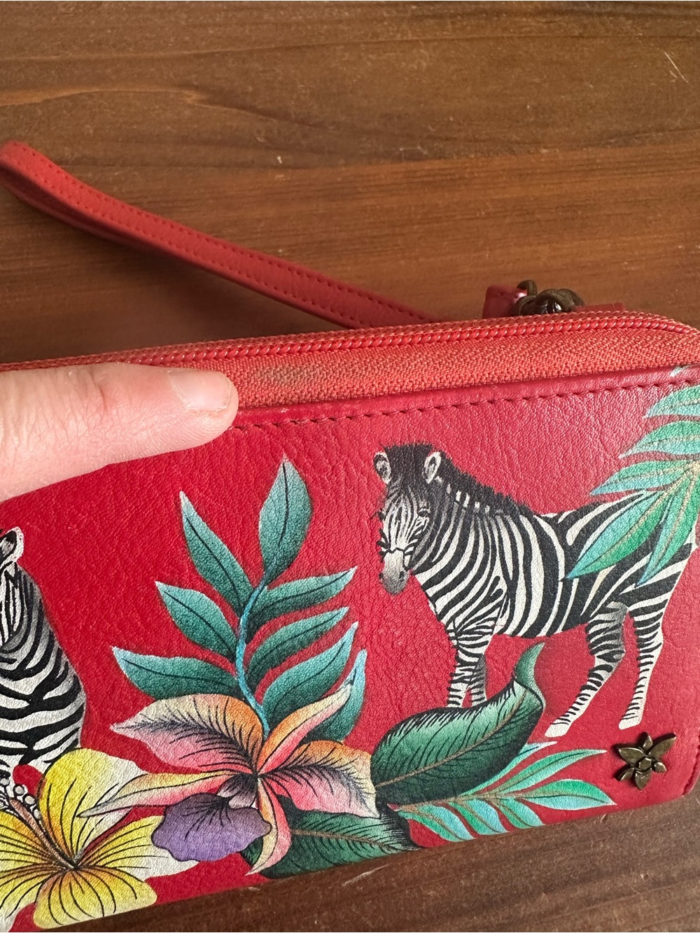 Anuschka Hand Painted Red Zebra & Tropical Floral Crossbody Wristlet Bag - Picture 7 of 16